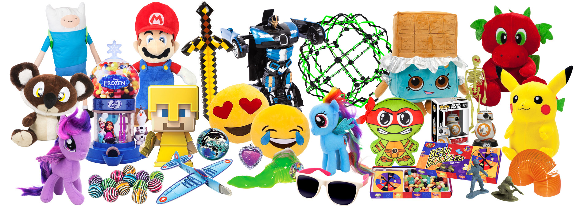 Photo of a variety of plush, novelty, and inflatable items